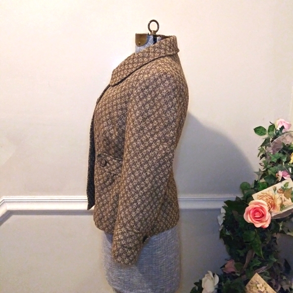 LOFT Retro 1950's Style Brown & Taupe Wool Blend Floral Tweed 3/4 Sleeve Jacket - Picture 5 of 9
